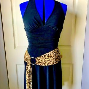 Black Halter Dress with Leopard waist sash